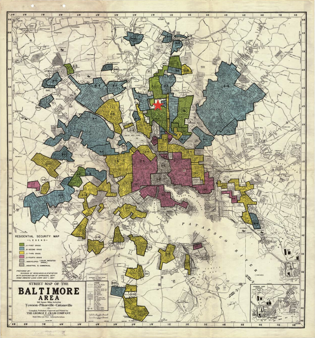 Security Map of Baltimore showing different regions in different colors.